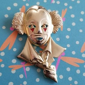 Vintage brooch circus clown in tie gold tone pin clowncore jewelry